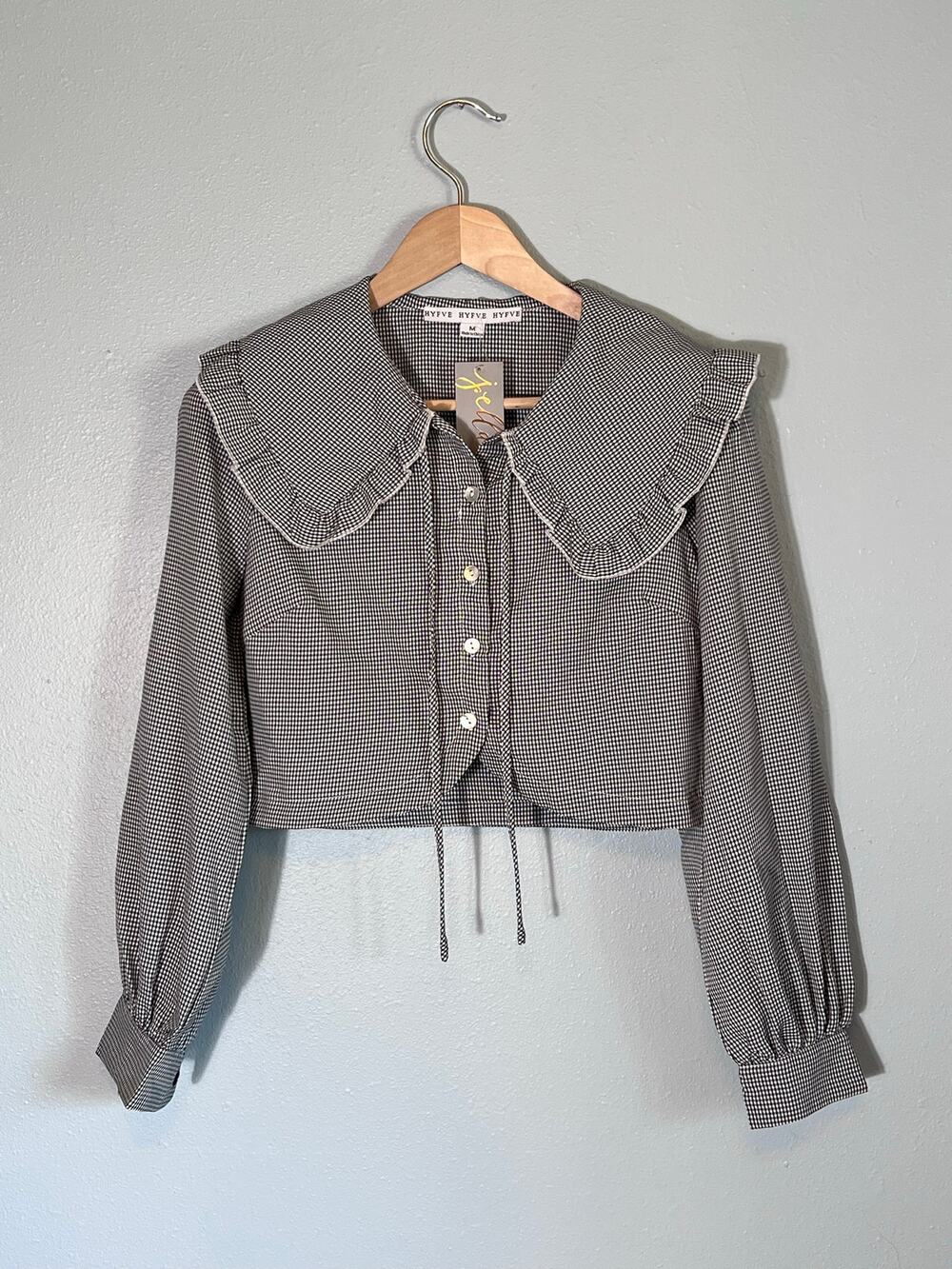 Hyfve Gingham Shirt Wide Big Wide Collar Ruffle Cropped Black White Peasant Tie